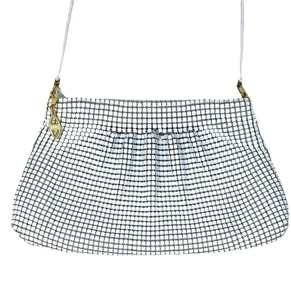 Ladies Vintage WHITE Metal MESH Crossbody Shoulder Bag Purse